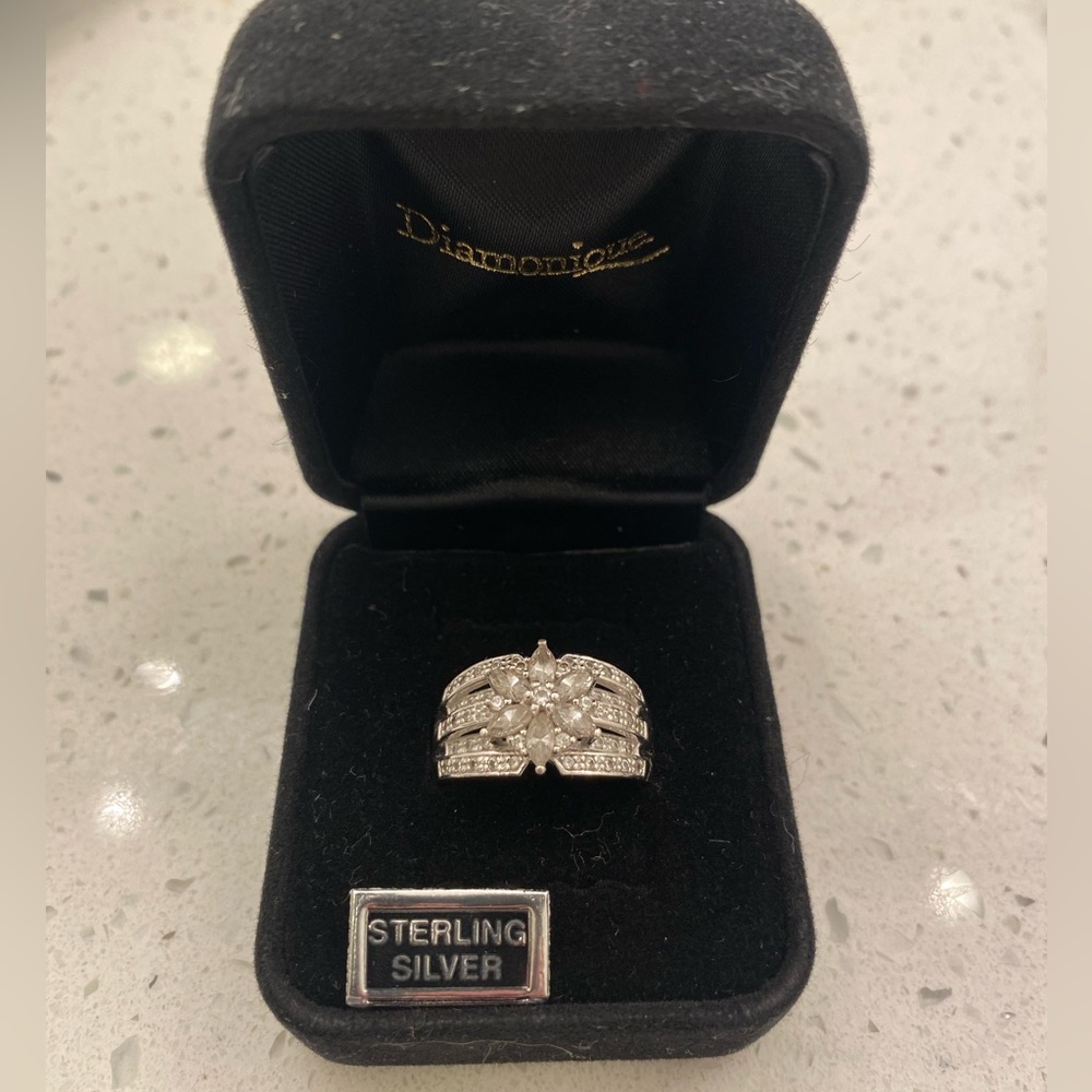 Vintage Designer SW Cubic Zirconia Flower Sterling - Size 9
